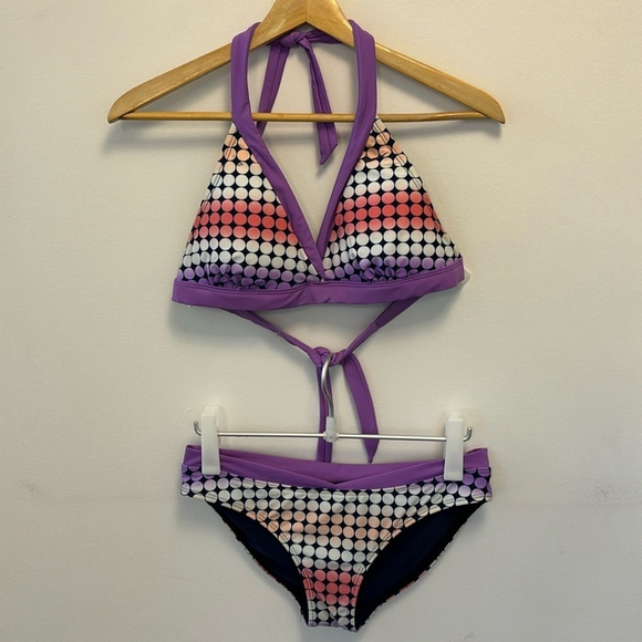 NIKE reversible bikini 2 pce bathing suit padded bra halter navy blue purple - Picture 2 of 13